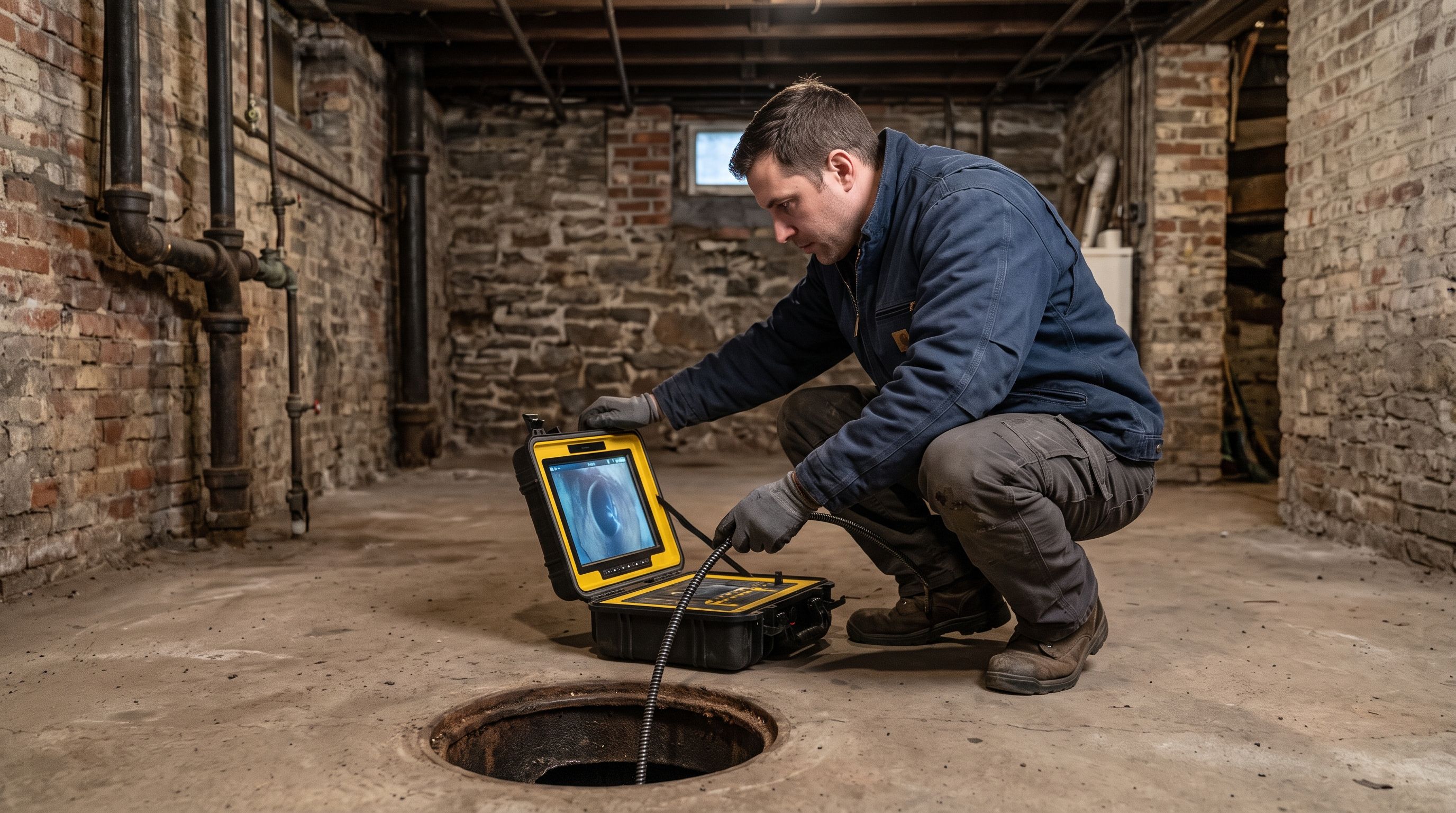 Licensed plumber conducting a sewer camera inspection using a digital monitor in a residential basement.